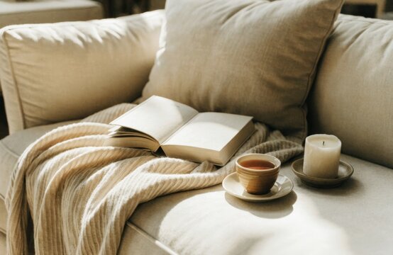 Cozy reading nook with open book, tea, and candle on a comfortable couch