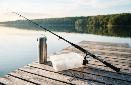 Fishing gear on a wooden dock at sunrise, ready for a peaceful morning by the lake