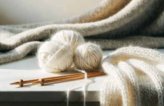 Cozy knitting setup with yarn, needles, and a soft blanket