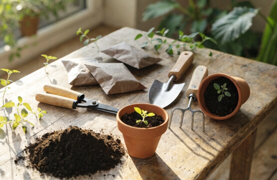 Gardening tools and seedlings on a rustic wooden table in bright sunlight