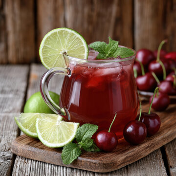Cherry lime mint ice refreshing drink wooden rustic summer beverage. Cherry lime drink with mint and ice glass wooden table rustic summer beverage