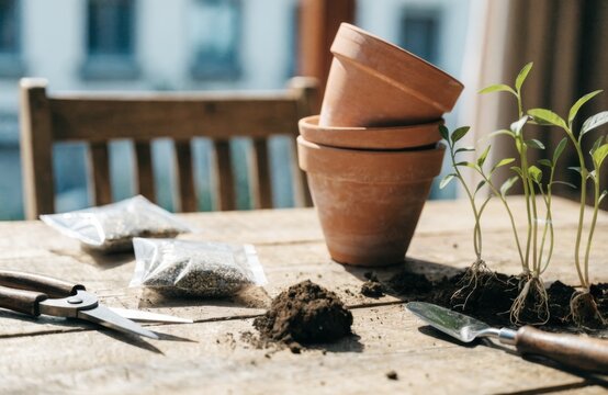 Gardening tools and seedlings on a wooden table, preparing for planting season