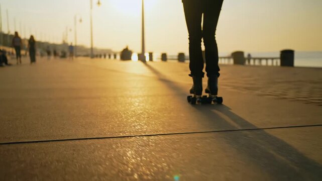 Person roller skating along a sunlit promenade at sunset. Enjoying leisure time and the freedom of outdoor activities