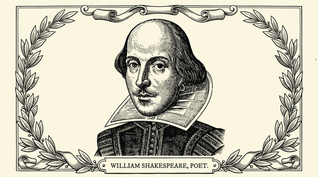 William Shakespeare gazes forward within an ornate decorative laurel wreath frame in this classic literary portrait engraving.