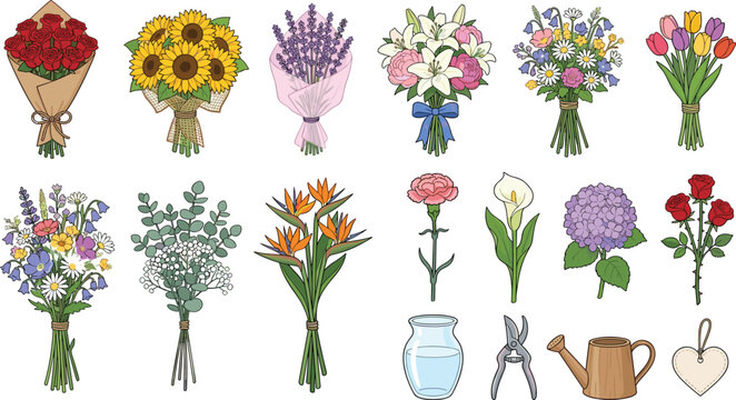Flower bouquet and floral arrangement collection with roses tulips sunflowers garden blooms and botanical vector illustrations