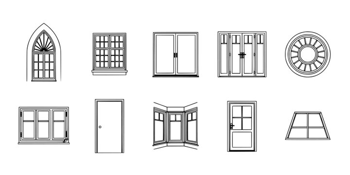 Windows and Doors with Various Architectural Designs Arranged in a Grid Pattern Featuring Window, Door, Design with Building