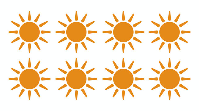Eight orange sun shapes arranged in a grid on a white background flat vector illustration sunshine solar sunbeam sunrays