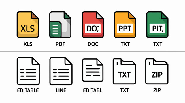 File type icons representing common document formats in a flat vector illustration style icon xls excel pdf doc word