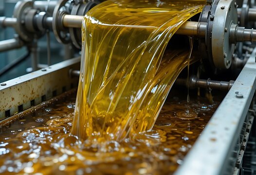 Golden liquid pouring over industrial machine rollers in a factory processing line during production. cooking oil waste