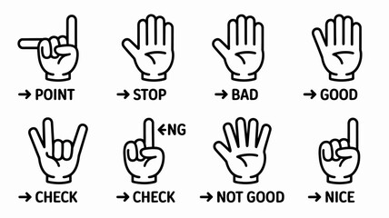 Fototapeta premium Line art Hand Signal Illustrations Depicting Various Gestures On A White Background gesture sign signals pointing stop bad good check