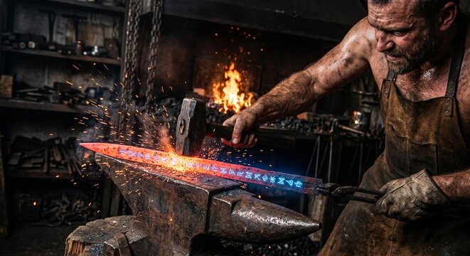 Cinematic shot of a gritty blacksmith forging a magical sword with glowing blue runes