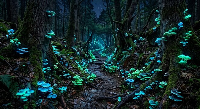 Enchanted forest path illuminated by glowing bioluminescent mushrooms