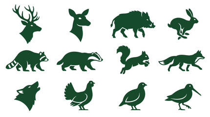 Naklejka premium Includes: deer, wild boar, rabbit, hare, duck, goose, turkey, pheasant, quail, grouse, dove, squirrel.