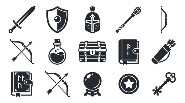  Includes: sword, shield, helmet, magic wand, potion bottle, treasure chest, spell book, bow, arrow quiver, crystal orb, gold coin, key