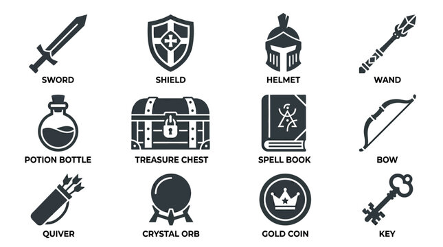  Includes: sword, shield, helmet, magic wand, potion bottle, treasure chest, spell book, bow, arrow quiver, crystal orb, gold coin, key