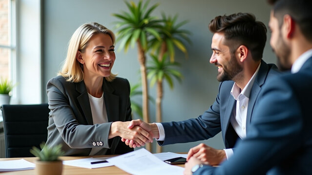 Agreement partnership approval hiring iteration commercial deal closure successful negotiations ar Smiling middleage hr manager