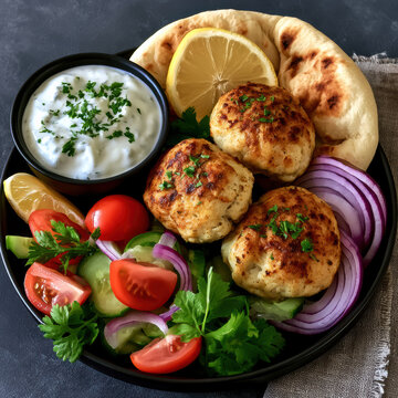 Grilled chicken roll with naan fresh salad tomato cucumber red onion parsley lemon and yogurt sauce on black plate