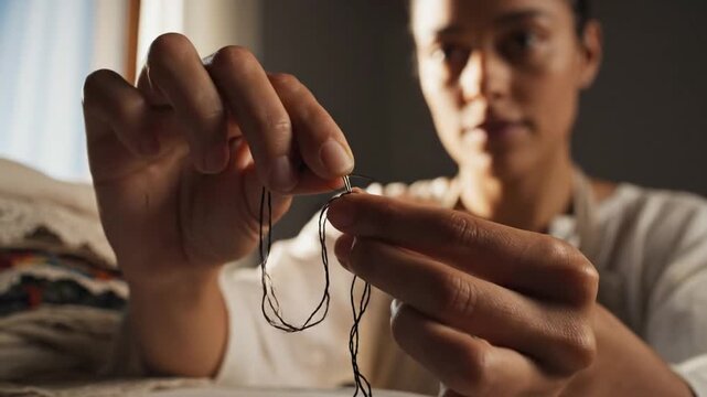 A focused artisan meticulously threads a needle and prepares to sew in her sunlit studio, surrounded by stacks of handcrafted fabrics.