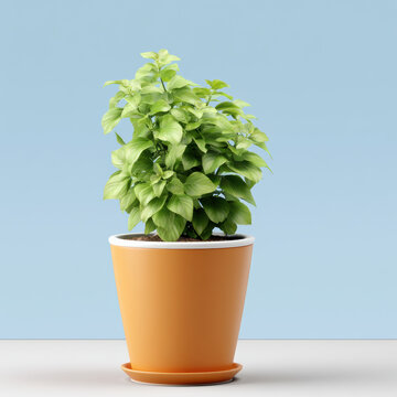 Green plant in orange pot with white rim, healthy leaves, indoor decoration, minimal background, fresh atmosphere