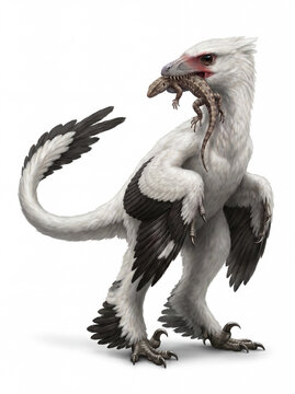 Microraptor zhaoianus holding a small lizard in its jaws while looking back over its shoulder, displaying natural feeding behavior and accurate feathered anatomy in a detailed scientific paleontologic