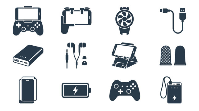  Includes: smartphone gamepad, trigger grip, cooling fan, charging cable, power bank, earphones, gaming phone stand, finger sleeve, screen protector, battery icon, wireless controller, portable charge