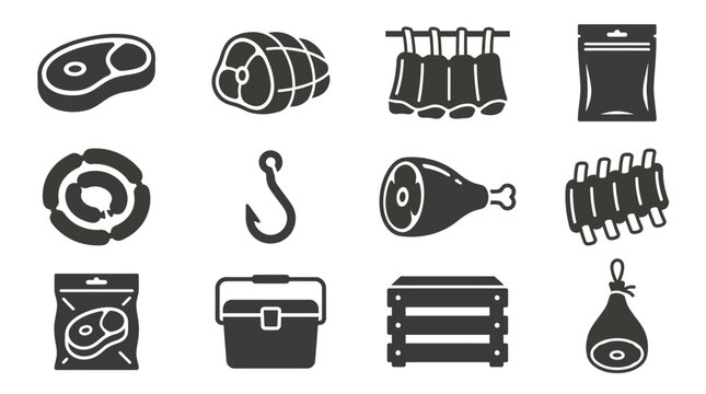 Includes: steak cut, meat roast, meat rack, jerky bag, sausage coil, meat hook, butchered leg, rib rack, vacuum-sealed meat, storage cooler, meat crate, smoked ham.