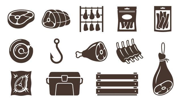  Includes: steak cut, meat roast, meat rack, jerky bag, sausage coil, meat hook, butchered leg, rib rack, vacuum-sealed meat, storage cooler, meat crate, smoked ham.