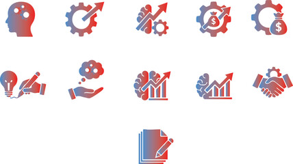 Fototapeta premium Business growth icon set, financial progress gradient vector elements, brain strategy chart symbols, handshake deal gear graphics, creative idea development icons,