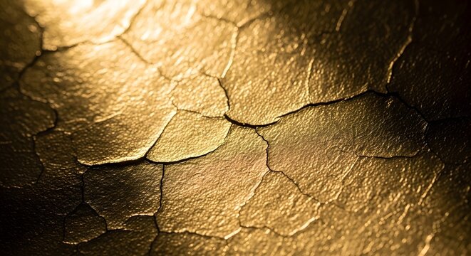 Metal surface exhibits a geometric pattern of deep golden cracks across a dark, reflective plane.
