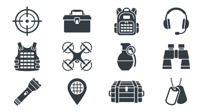  Includes: crosshair, ammo box, tactical backpack, communication headset, armor vest, drone, grenade silhouette, binoculars, flashlight, map marker, supply crate, dog tag.