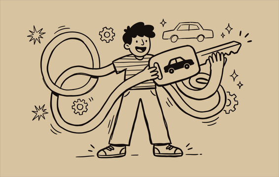 Funny vintage style outline cartoon illustration of a happy male character showing off an oversized automobile key surrounded by mechanical gears and a tiny car icon