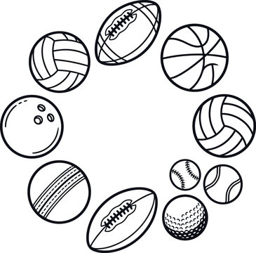 Circular border design element composed of minimalist game balls line art for athletic championship and fitness tournament templates,