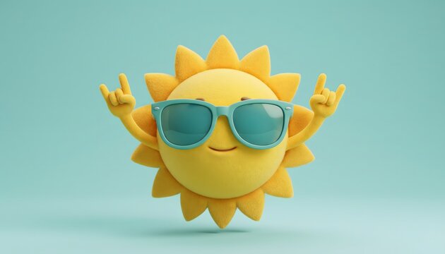 Cheerful cartoon sun wearing sunglasses on a light blue background
