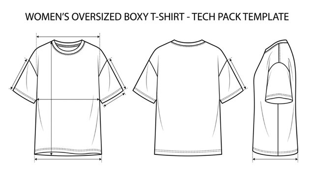 Women's Boxy Oversized T Shirt Technical Drawing Template, Fashion CAD Flat Sketch, Front Back Side Views, Clean Vector Apparel Mockup Isolated on White
