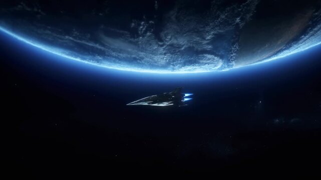 Futuristic spaceship gliding through space near Earth. Represents exploration, innovation, and the quest for knowledge beyond our planet