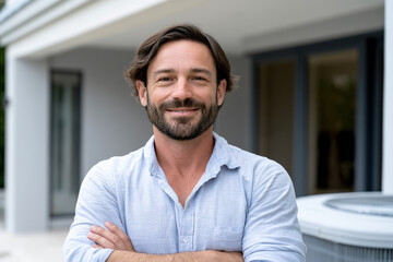 Naklejka premium Confident man with beard casual shirt arms crossed standing outdoors modern house background smiling adult natural light