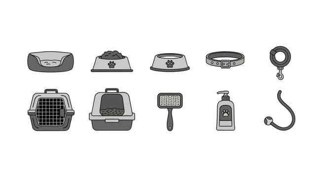 Set of pet supplies including bowls collars leashes cages litter box and grooming tools for dogs and cats, ideal for pet care and training