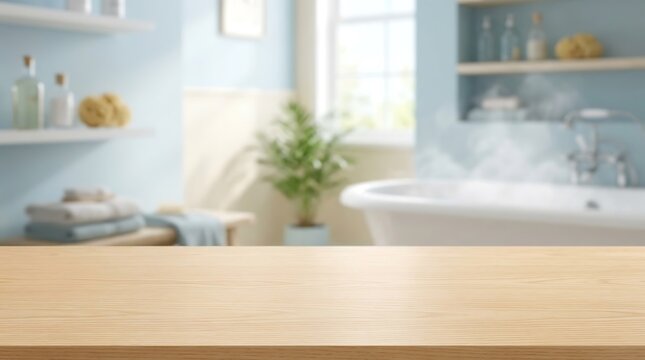 Wooden table top in blurred bathroom interior for cosmetic product display mockup banner and spa wellness morning
