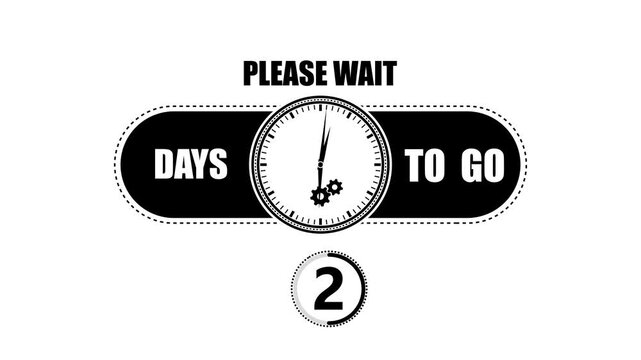 Black and white countdown showing two days to go with a clock and gear symbols on a clean white background for website waiting screens