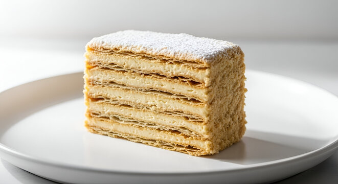 Classic Napoleon Cake Slice
Golden Mille-feuille on White Plate
Crispy Layered Pastry Delight