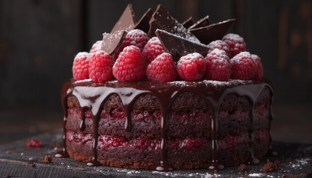 Three-layer 7-inch dark chocolate raspberry chili cake with glossy ganache on weathered black wood surface, fresh raspberries and jagged dark chocolate shards on top.