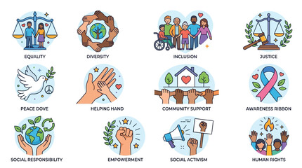 Fototapeta premium Vector icons set representing human rights, social justice, diversity, and community support concepts in colorful line art style