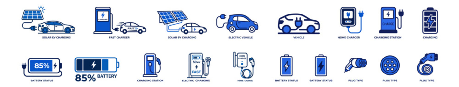 Electric Vehicle and EV Charging Station Icon Set, Vector Filled Outline Blue Icons for Solar Car Charging, Battery Status, Fast Charger, Home Charger, and Eco Transport