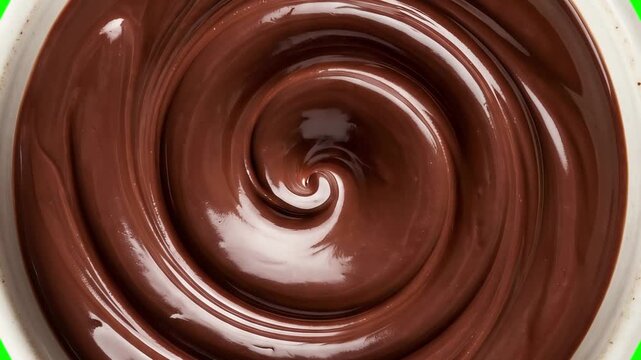 Swirl of melted chocolate zooming in on green screen background