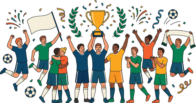Diverse football team celebrating victory holding champion trophy cup with waving flags and laurel wreath illustration,