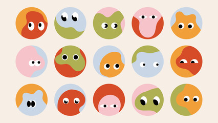 Fototapeta premium Set of colorful circular characters with expressive eyes and simple emotions. Minimal geometric cartoon avatars in trendy retro palette. Vector illustration for stickers, apps, posters, branding