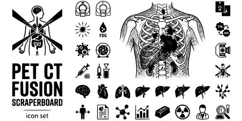 Fototapeta premium PET CT Fusion Scraperboard Black White-Metabolic Hotspot Tracer Stage-Nuclear Imaging Vector-PET Icon Scraperboard-Medical Imaging Design Set