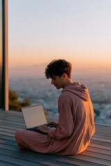 Obraz premium Young man with laptop at sunset on rooftop for remote work background and serene banner wallpaper for urban lifestyle