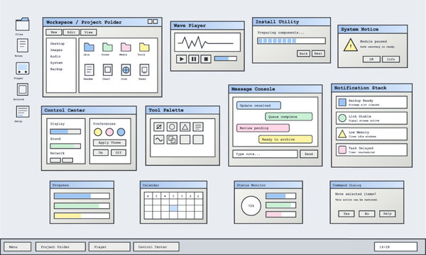 Retro operating system desktop with graphical user interface windows