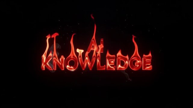 Knowledge text burning with intense red flames represents an artificial intelligence concept in this cinematic digital motion video animation featuring glowing typography surrounded by flickering fire